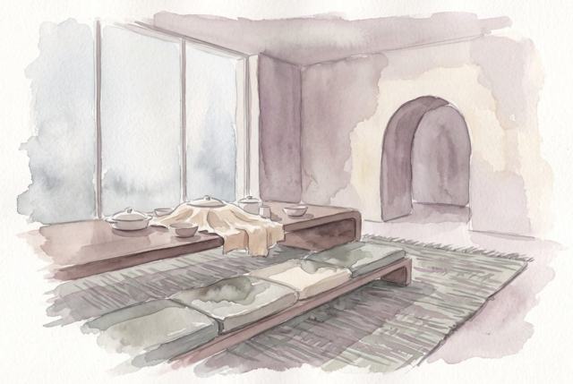 A watercolour of a low, wide room with backless benches and a long table of covered dishes, a tall window filled with pale fog, and two worn hollows in the cushions