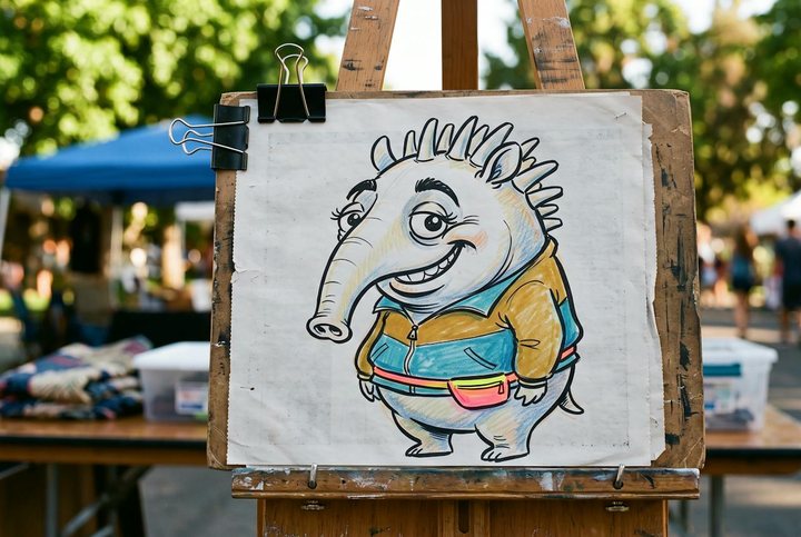 A caricature in marker on newsprint clipped to a wooden easel at an outdoor fair, showing a creature with an enormous head, a long snout, a crown of spines and a neon orange belt pouch