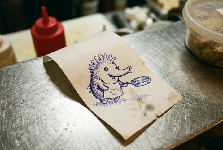 A quick blue ballpoint drawing on the blank back of a restaurant order ticket lying on a stainless steel counter, showing a creature with a long snout and a crown of spines wearing an apron and holding a pan