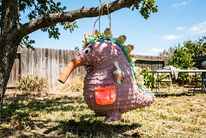A homemade papier-mache pinata shaped like a rounded creature with a long snout and a crown of spines, covered in fringed crepe paper and hanging from a tree branch in a sunny backyard