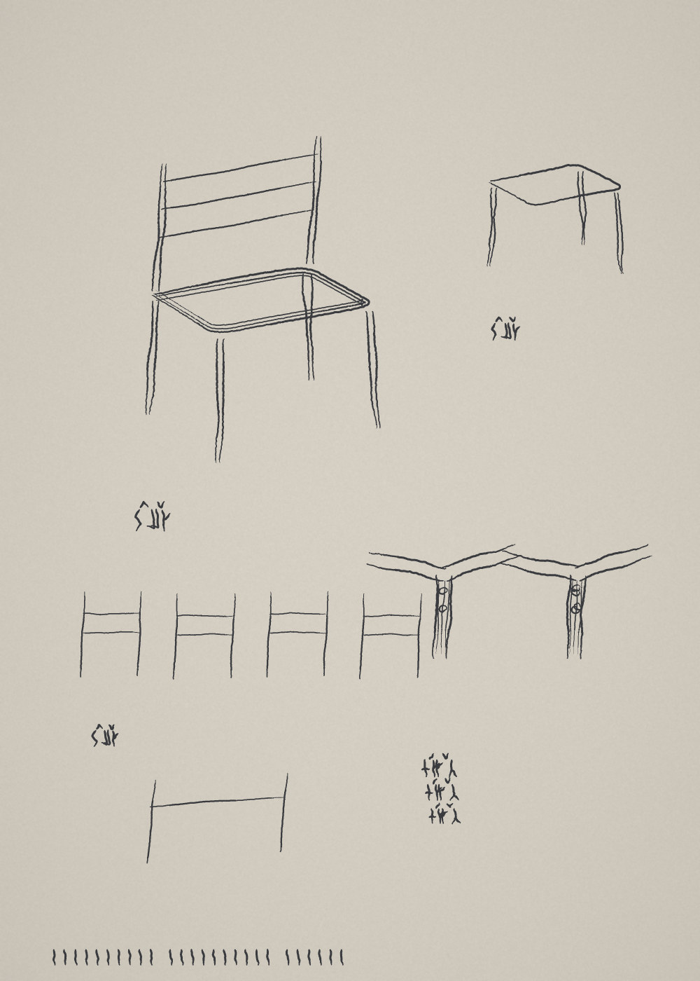 Pen drawing on grey paper. A stacking chair with a slatted back in three-quarter view, large, at the top left; a smaller chair seen head-on at the top right. Across the middle, four chair backs in a row, and beside them two chairs seen from directly above with their seats splayed open and small bolt circles at the joint. At the bottom a single chair back reduced to three lines. Captions in an invented alphabet appear under each study, one written three times over itself, with tally marks along the foot.