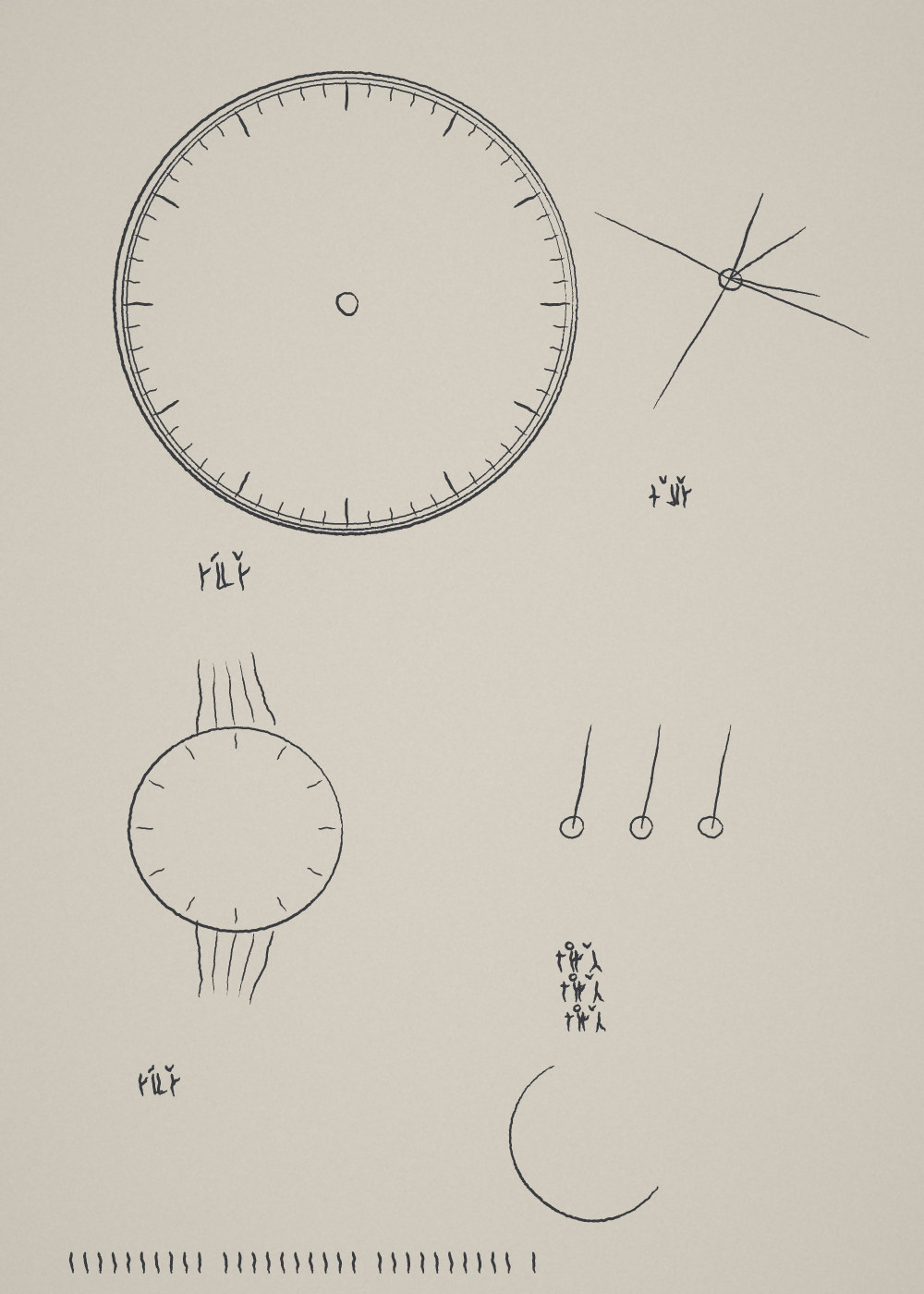 Pen drawing on grey paper. A large clock face with tick marks around its rim, a doubled edge and a small empty hole at the centre — no hands. To the right, five thin hands drawn loose and crossed through a small ring. Below left, a wristwatch: a ticked dial with the strap running away above and below in fine parallel lines. To its right, three pendulums, each a line ending in a small circle, and beneath them a wide open crescent. Captions in an invented alphabet sit under the studies, one written three times over itself, with tally marks along the foot.