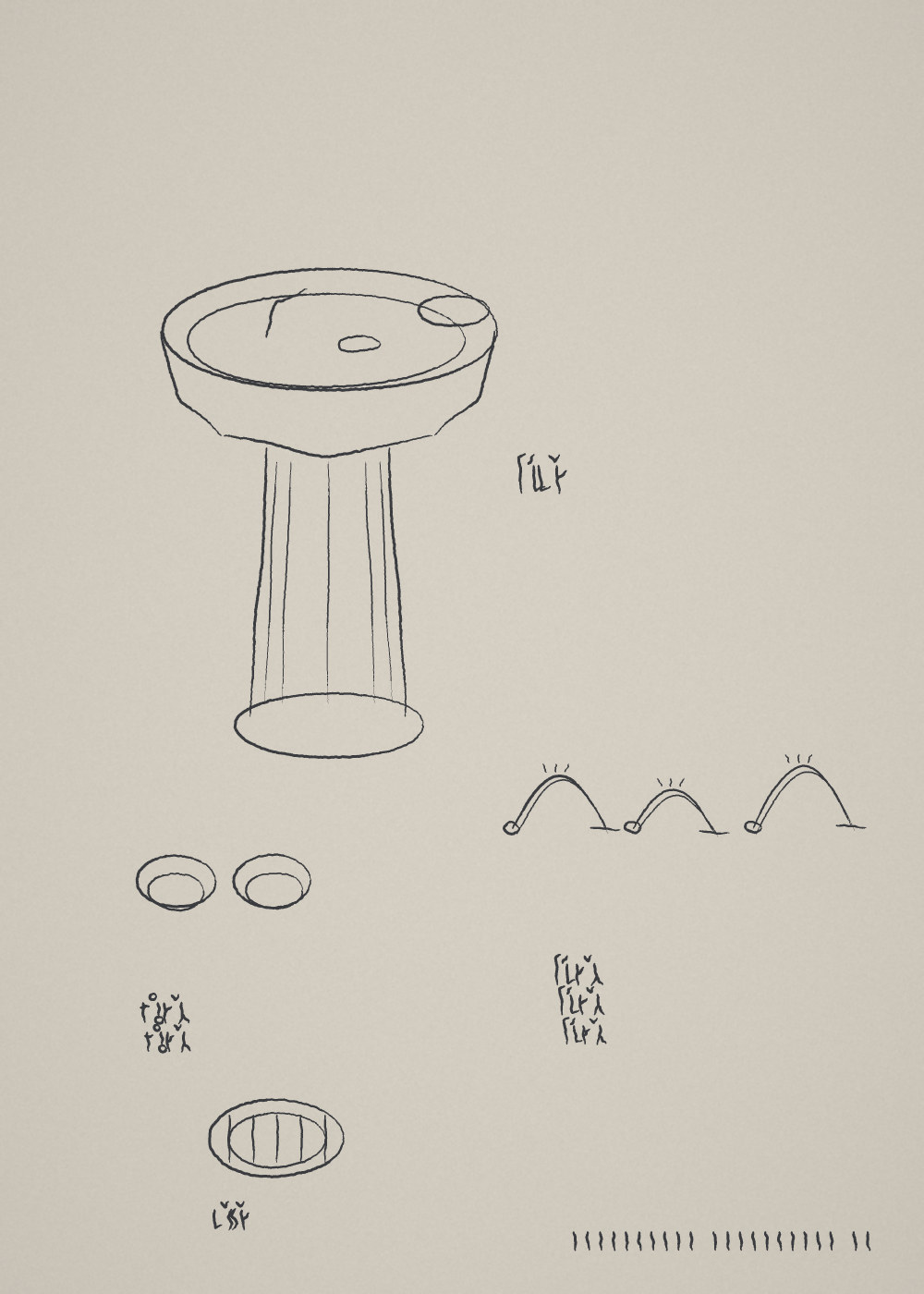 Pen drawing on grey paper. A public drinking fountain: a wide shallow basin on a fluted pedestal that flares to a round foot, a small oval drain in the basin floor and a rounded bubbler head at the rim. To the right, three studies of an arc of water springing from a nozzle and falling, each arc topped with small ticks. Lower left, two small bowls seen from above; at the bottom, an oval grate with vertical bars. Captions in an invented alphabet sit beside each study, two of them written over themselves more than once, with tally marks at the foot.