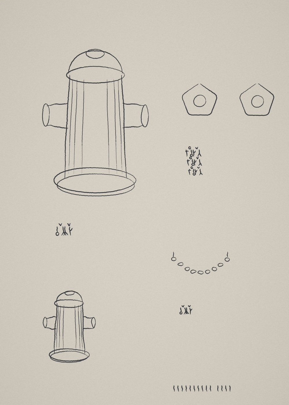 Pen drawing on grey paper. A fire hydrant seen from slightly below: a domed cap with an oval boss, two side outlets, a broad flange at the base, and the tapering body filled with close parallel lines that follow its curve. To the right, two pentagonal caps each with a round hole at the centre, and below them a chain of oval links hanging in an arc. A second, smaller hydrant is drawn at the bottom left. Captions in an invented alphabet sit under the studies, one written three times over itself, with tally marks at the foot.