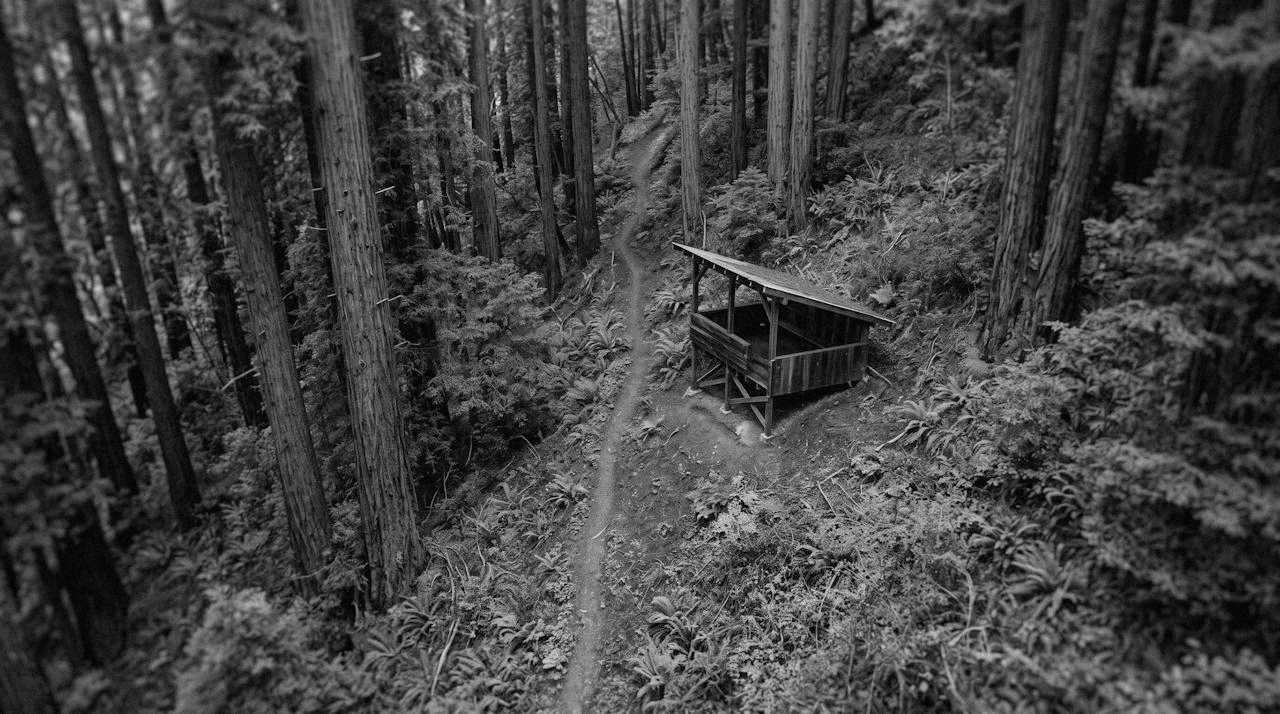 Grainy monochrome overhead image of a steep wooded hillside under very tall trees, a footpath climbing through them to a small roofed structure set at an angle to the slope