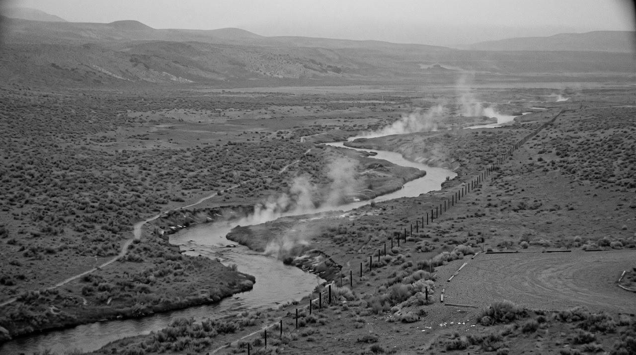 Grainy monochrome long-lens image looking down on a winding creek in a broad treeless valley, pale plumes of steam rising off several stretches of the water, a thin path and a fence line along one bank