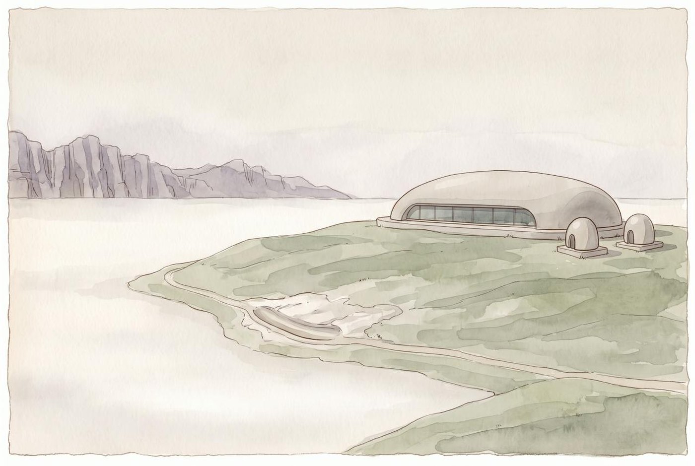 Corren: a low green rise above the curving shore of a level fog sea, in watercolour, one long low domed building with a wide window toward the sea and two small round outbuildings beside it, and below on the shore path a long shallow groove worn into pale rock.