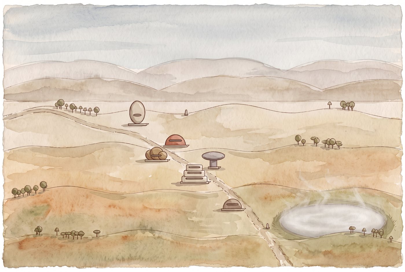 Dollen in watercolour: a single track coming down from the far horizon at the left across open rolling dry-grass ground and running off the bottom right; six poured and carved rooms standing beside it, three on each side; to the lower right a grassy hollow holding a small level pool of pale fog with a faint mist lifting off it; groves of small trees, two standing stones, and hazy hills behind.