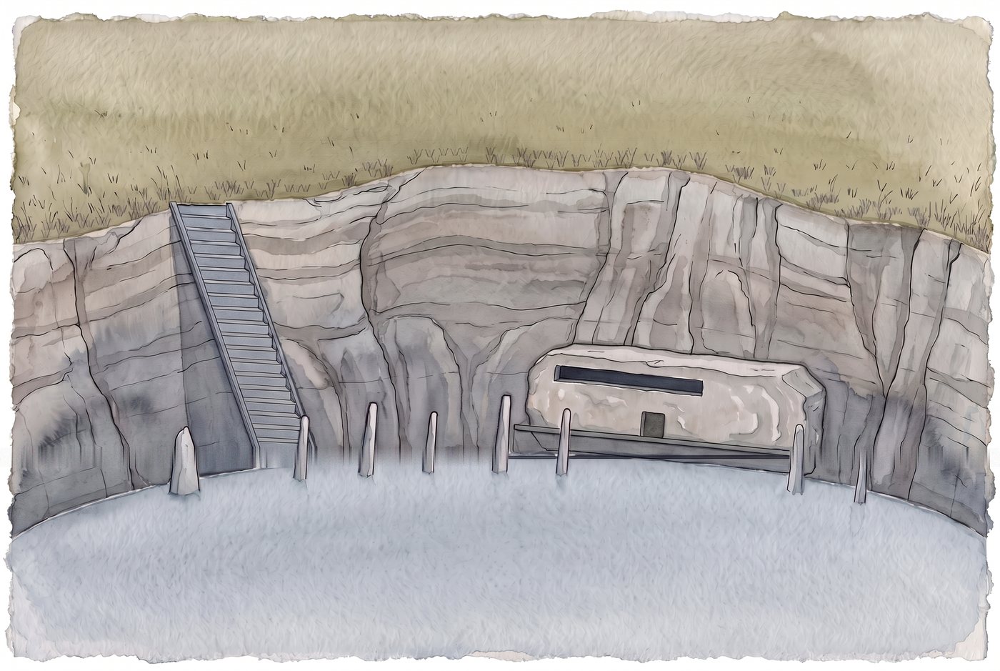 Hesk in watercolour, drawn at the moment of clearing: a wide stone basin seen from above its rim, dry grass along the lip, the inside of the bowl falling away in weathered strata, and fog standing in the bottom of it to one flat level with a clean edge, like water lying in a bowl. A cut stair descends from the left between two walls and goes under the fog. Seven standing stones lean the same way on the basin floor and two of them stand with their tops clear of the fog. To the right, a single mass carved from the basin wall with a broad flat top, one long window slot and a dark door on an unbroken plinth; one dark line runs level across its face, and the building's own edges are not parallel with it.