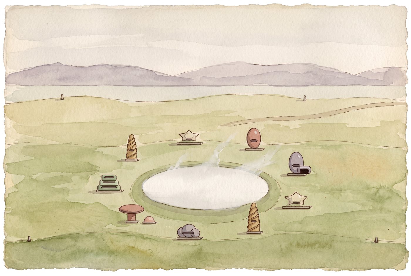 Issun in watercolour: a small level pool of pale fog lying in a shallow dip in open green grassland with a little mist lifting off it, nine poured and carved dwellings standing in a ring round it with their windows to it, two of them tall spires ridged like corkscrews, two low star-shaped masses, one with a low bay open at the ground; a single track coming in from the top right, standing stones, and low hazy hills behind.