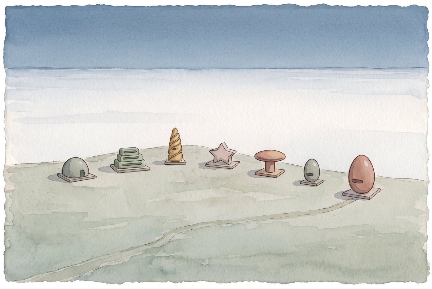 Ivvel: a loose line of poured and carved dwellings of different forms in watercolour on a low grey-green rise, cool slate light, and beyond them a level sea of white fog to the horizon with no far shore; one faint worn path comes in from the lower left and ends at the last dwelling.