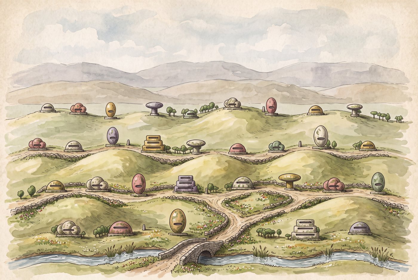 Old Grieth: rolling knolls in watercolour, poured and carved dwellings standing along a pale track, low walls between the fields, a river across the foreground.