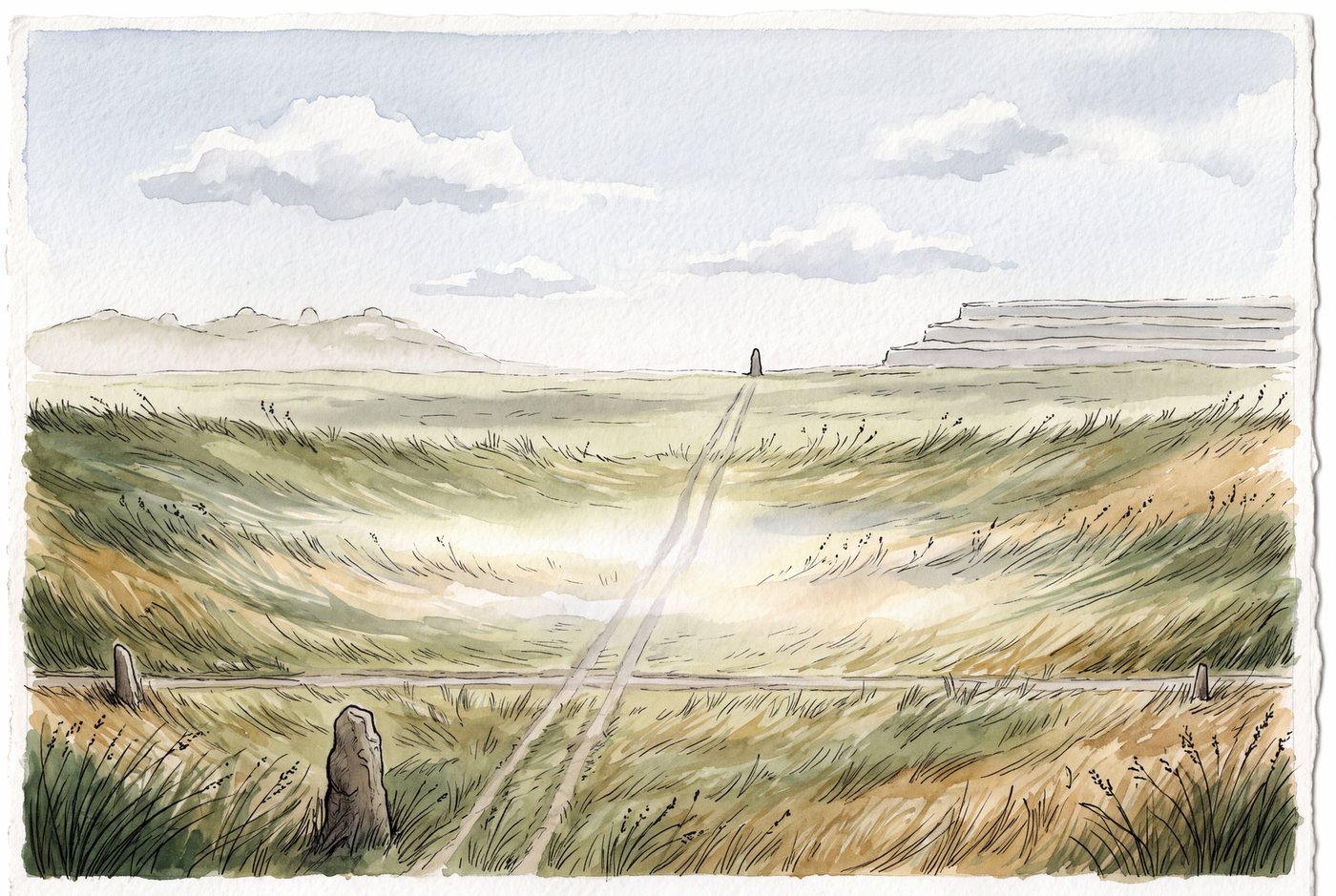 The Quiet Belt: an open grass basin in watercolour under a wide sky, a faint double track running out across it, two low standing stones and a distant marker. No dwellings.