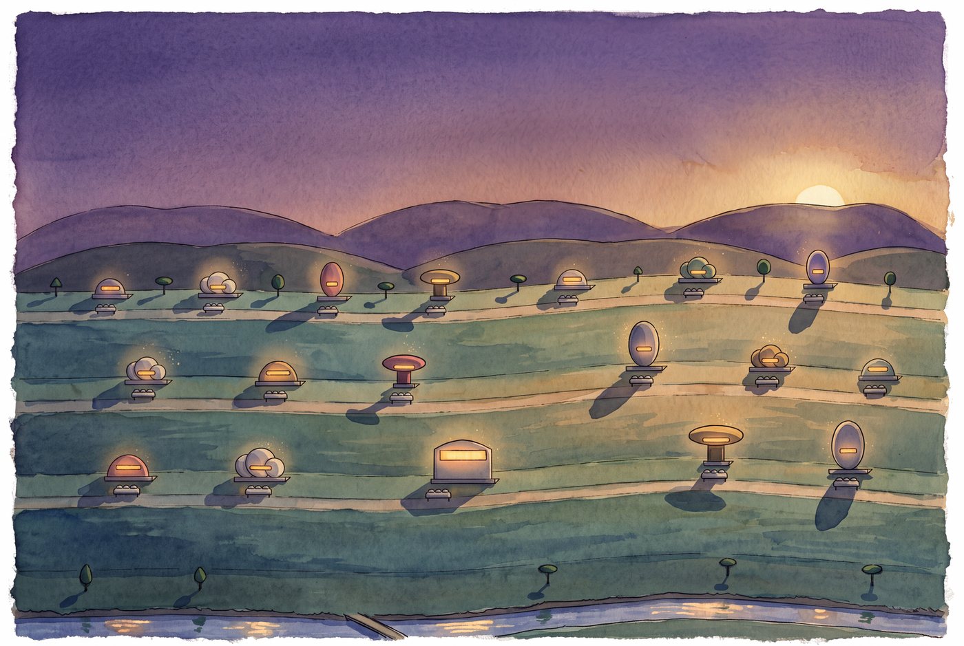 The Vennet Road at dusk in watercolour: lit dwellings standing along a road that runs across the frame, purple hills behind, a low sun at the right, water in the foreground.