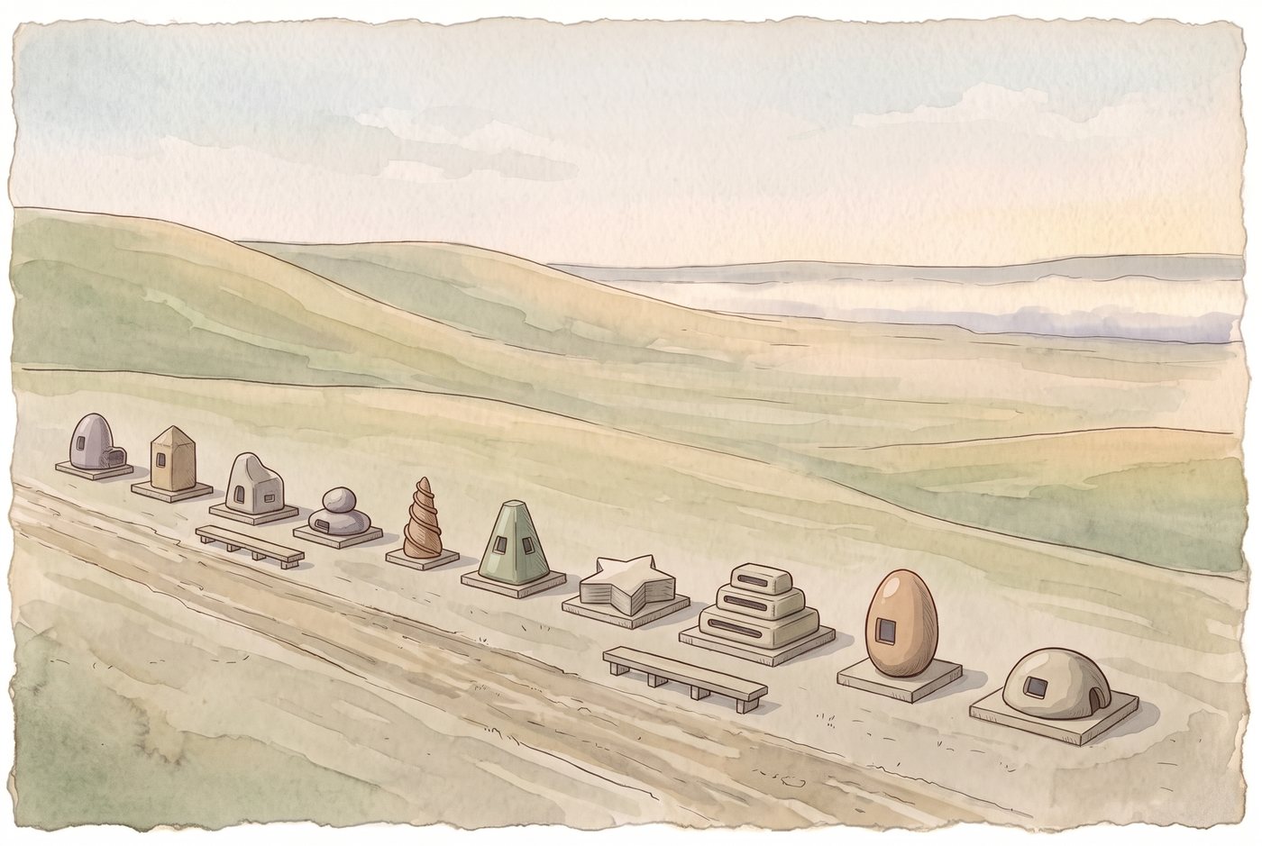 Verren: a single row of small poured and carved dwellings in watercolour along a worn track, each on its own plinth with low benches between them, all facing back up the track toward rising green ground and a level bank of fog in a wide basin on the horizon.