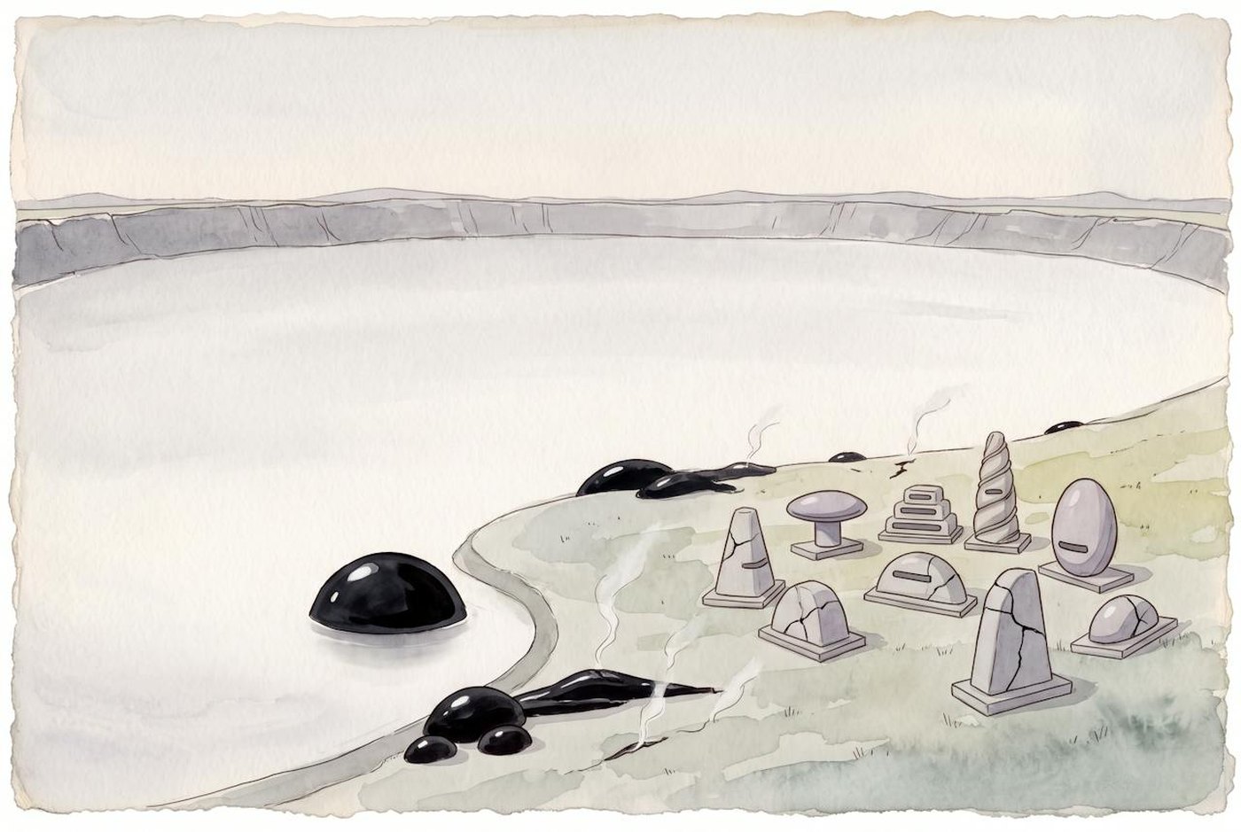 Vossa: the near shore of a wide level lake of white fog inside a crater rim, in watercolour, glossy black glass domes standing at the waterline, thin steam rising from cracks in the grass, and a small town of poured dwellings whose walls carry thin black mended seams.
