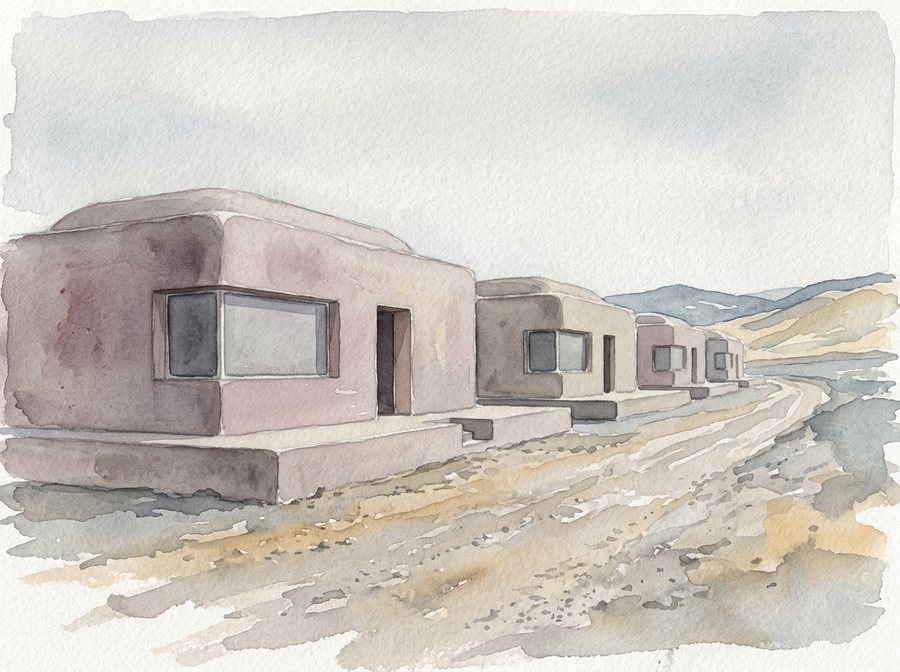 A pale watercolour of a row of low monolithic dwellings raised on continuous plinths beside an unpaved track, each a single smooth mass with a flat top and wide flush windows