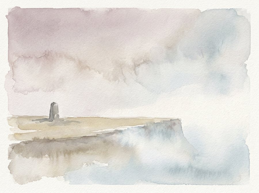 A pale watercolour of a wide flat plateau ending at a cliff, with fog rising from below and spilling over the edge, a single low stone marker at one side