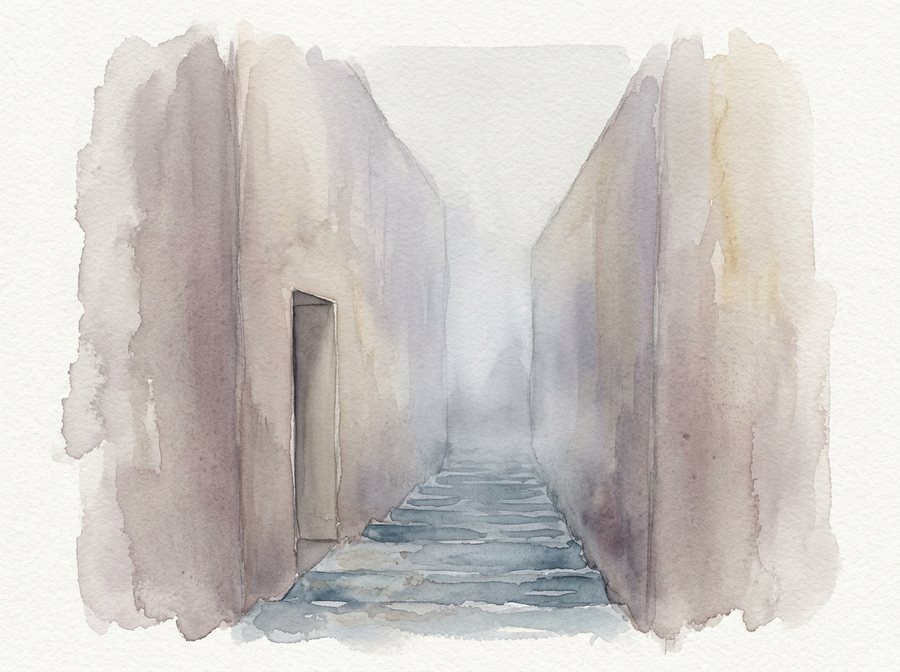 A pale watercolour of a narrow stair descending between two smooth monolithic walls into grey haze, with one plain rectangular opening in the left wall