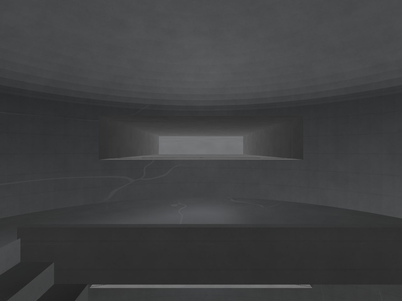 Inside a low grey dome lit from the floor: a long slot window at chest height looking out over flat grey stone to a bank of fog, and in the floor a rectangular well with a poured kerb, stairs going down.