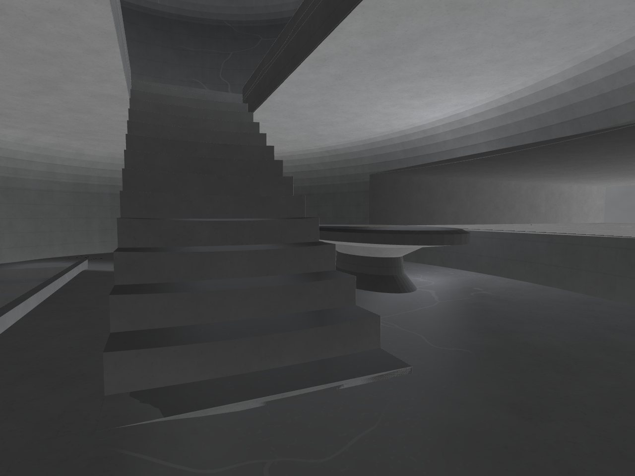 An oval grey stone room: a straight stair coming down out of the ceiling along one wall and, beyond it, a stone table rising from the floor on a waisted stem with nothing on it. No chairs.