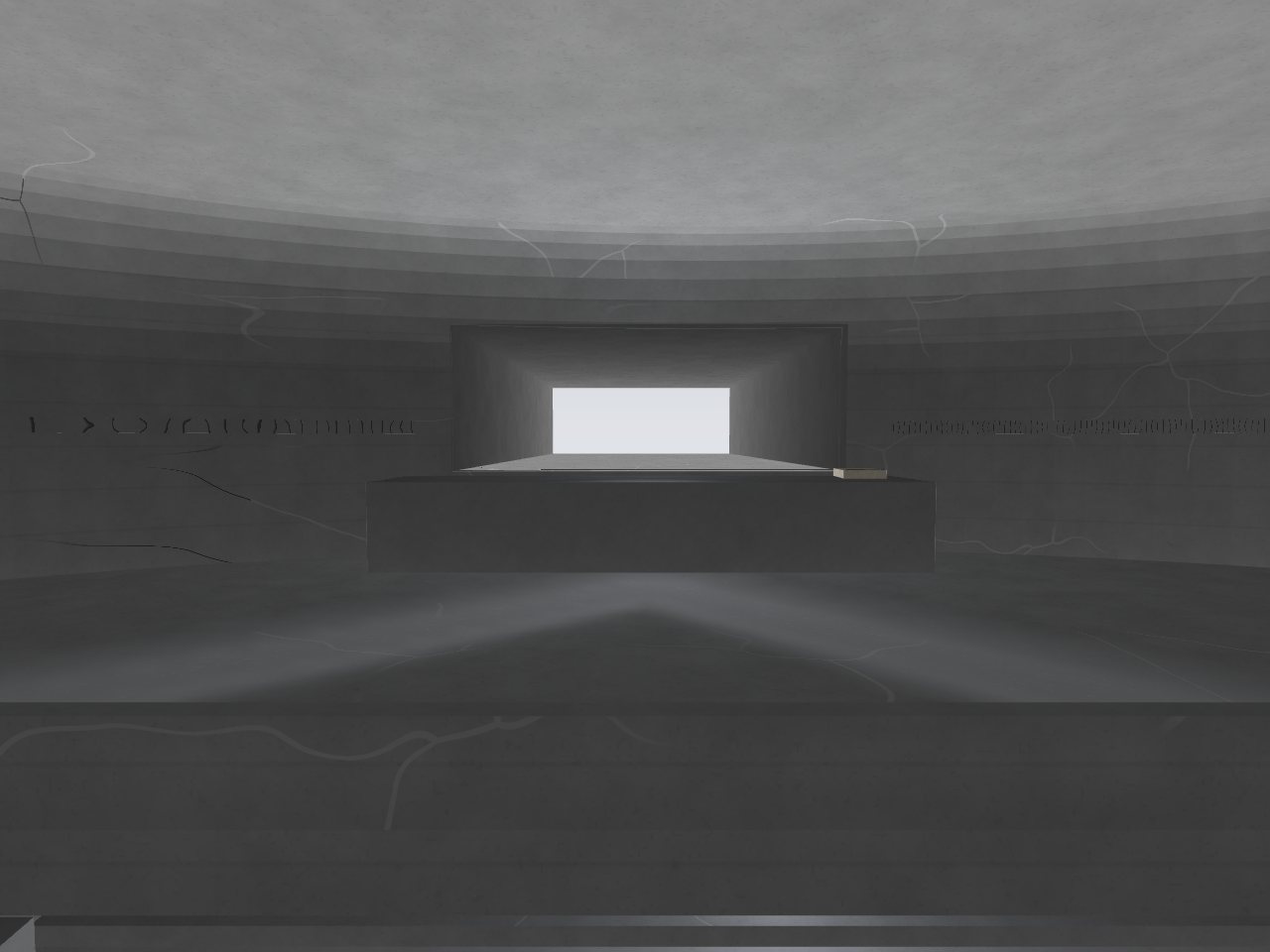 A grey stone room with a narrow groove cut round the walls at chest height, short tick marks cut along the groove, a deep window with a stone ledge under it, and a stair down through the floor.