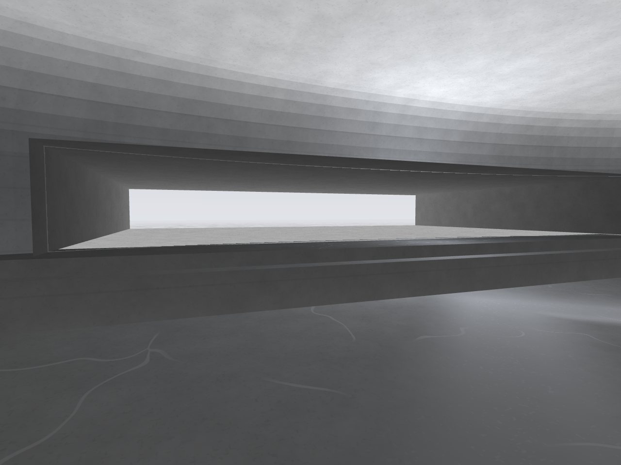 A long low window full of white fog, a single stone bench under it grown from the floor, the floor crossed by fine pale mended cracks, the room brighter than the ones above.