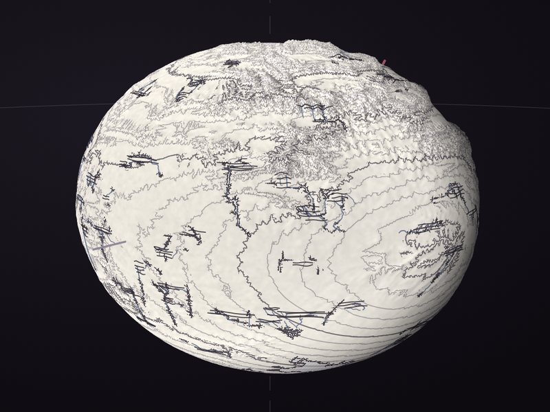 The Office's drawing of Slarvathia as a globe in cold black line on pale ground, an egg-like body flattened at the poles, covered in contour lines and hatching, against a dark field