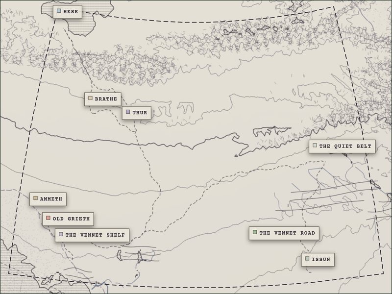 The Office's sheet at its opening view: a pale map in fine contour lines with a dashed boundary round the surveyed ground and small labelled pins for the named areas