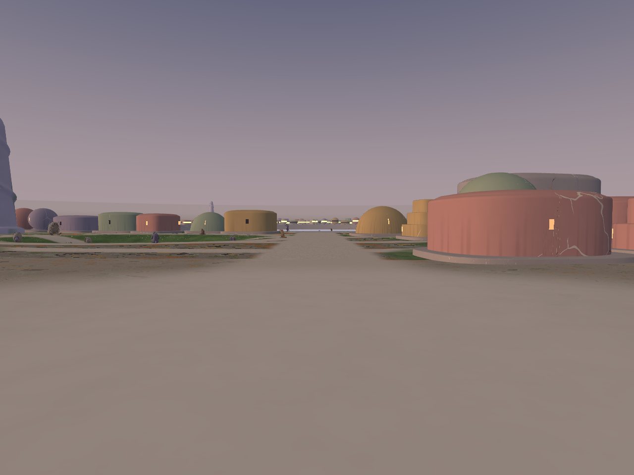 Evening at the edge of a city of rounded poured buildings in soft colours, a bare worn ground in the foreground and a lane running down between the rows toward the shore, the sky dusky violet.