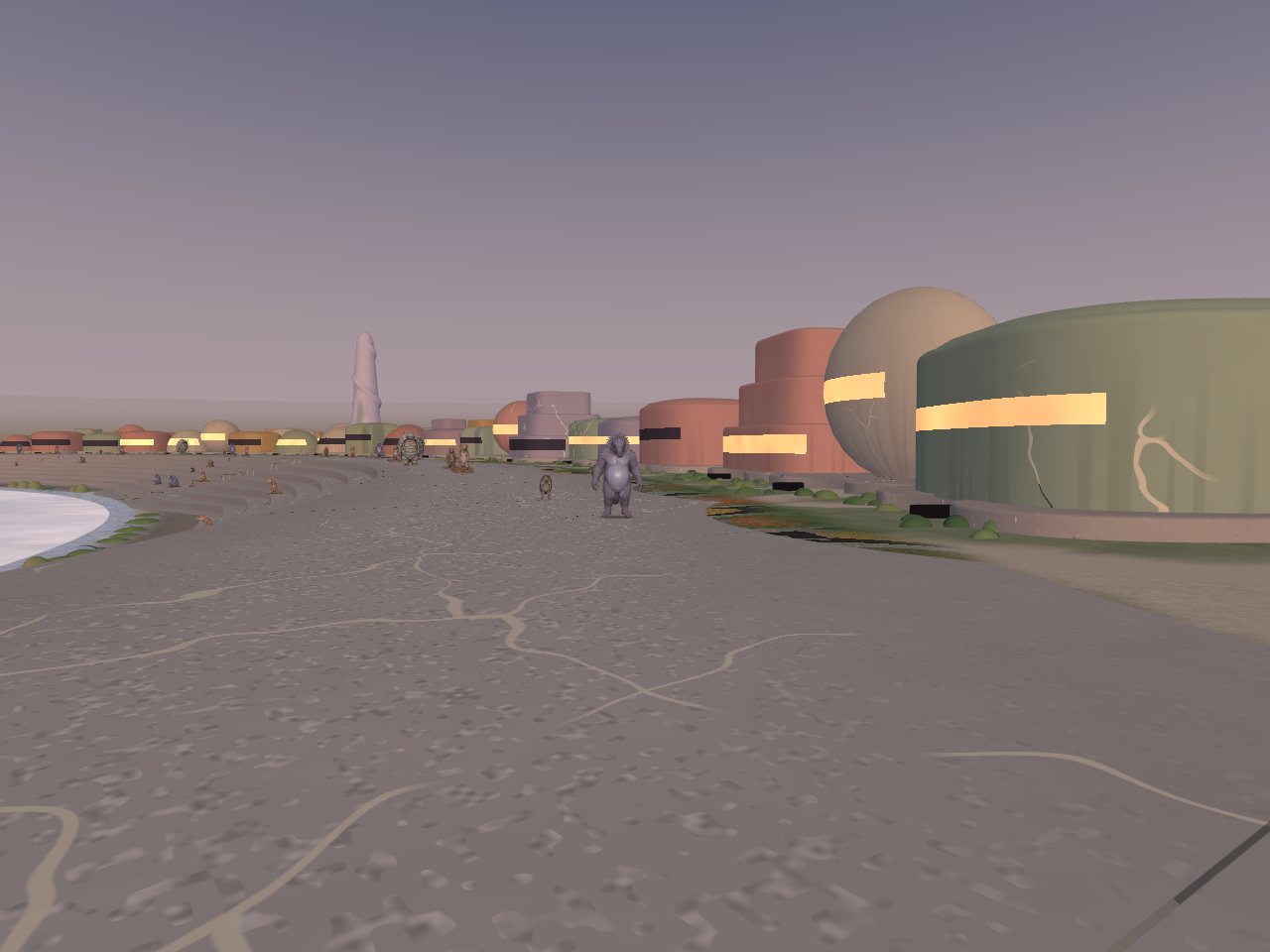 A wide paved shore walk curving away beside a still white fog, a figure of an animal-like kind walking toward the viewer and others farther off, rounded buildings with lit slot windows along the right.