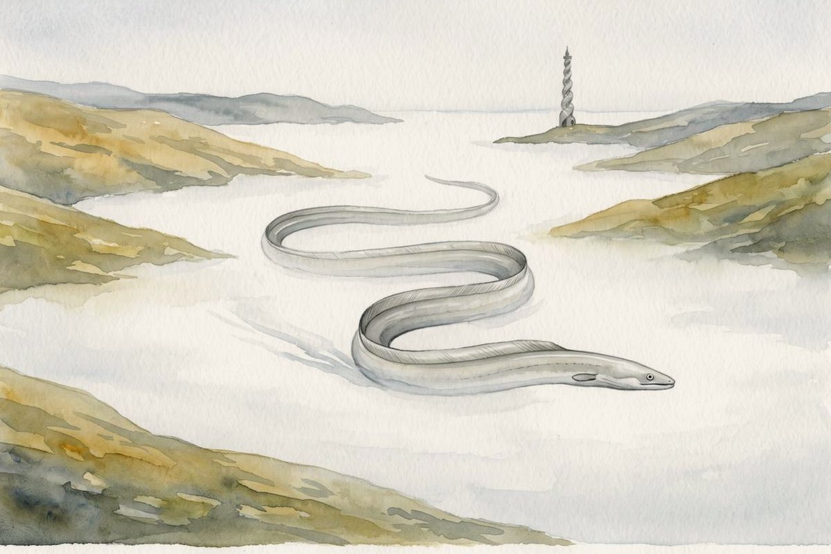 Watercolour of a sea of white fog lying between ochre hills, an enormous pale ribbon-like eel swimming through the top of the fog in slow curves with one long low fin down its back, and a small spiral tower on a far headland