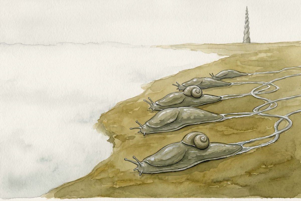 Watercolour of a herd of five giant grey-olive slugs creeping in a line along a band of dry olive ground at the edge of a white fog sea, two of them carrying small spiral shells, their silvery trails braiding behind them, and a spiral tower in the distance