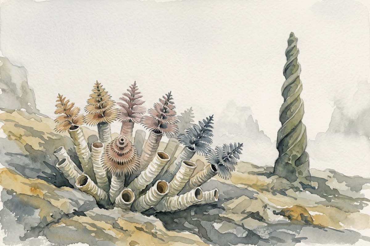 Watercolour of a cluster of chalky ridged tubes on rocky ground, most of them open and bearing feathery spiral plumes in muted pinks, browns and blue-greys, a few standing empty, beside a tall twisted spire