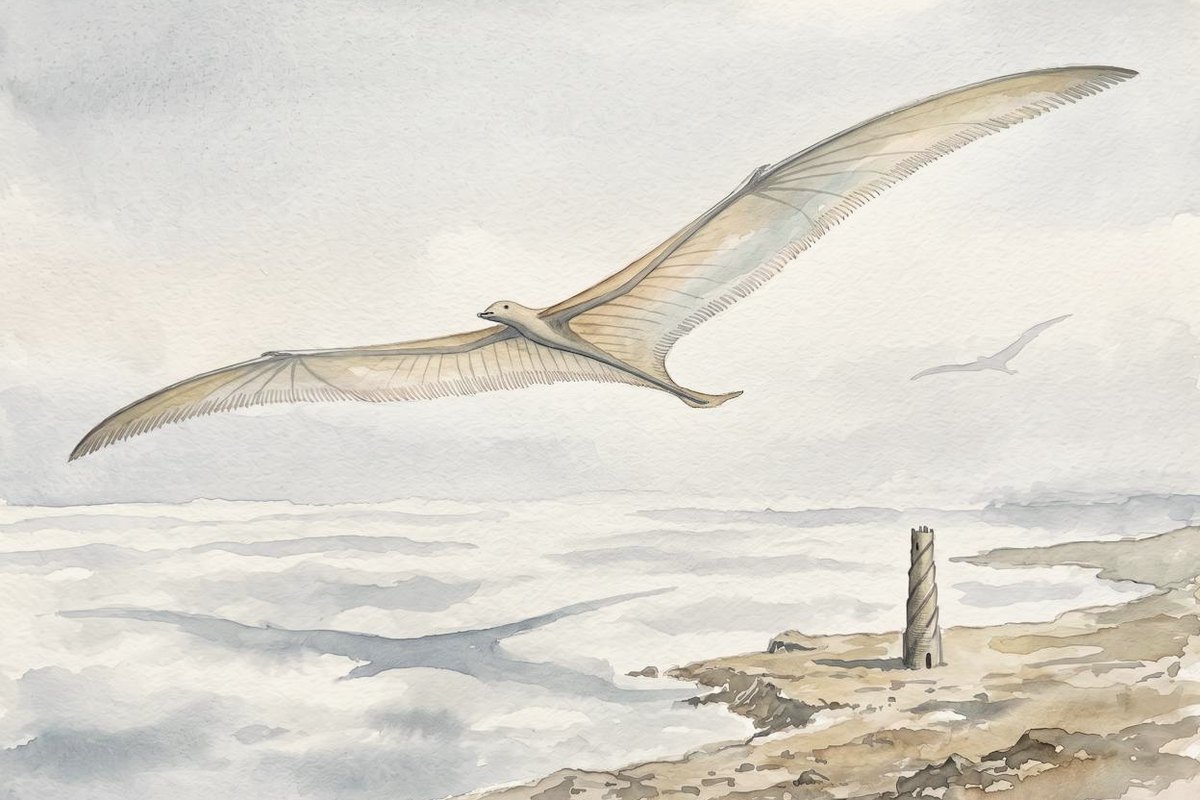 Watercolour of a pale flier that is almost all wing, two long narrow membranes fringed along their trailing edges and a tiny head, soaring above a sea of fog with its shadow on the fog below and a spiral tower on the shore